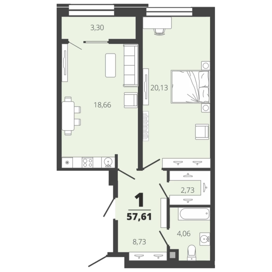 Комфортное жилье в г. Рязань, купить квартиру однокомнатную недорого в новом ЖК Вега, Центр, 57,61 кв. м. 2 этаж, секция 1